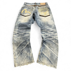 TWC Vintage Evisu Straight Jeans in verwaschenem Blau mit ikonischem Seagull-Logo und aufwendigen Stickereien hinten