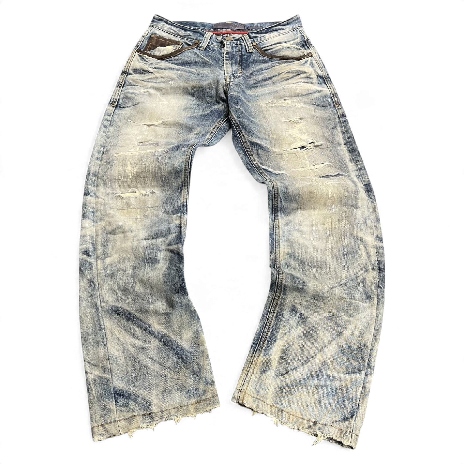 TWC Vintage Evisu Straight Jeans in verwaschenem Blau mit Distressed-Optik und ausgefransten Beinabschlüssen