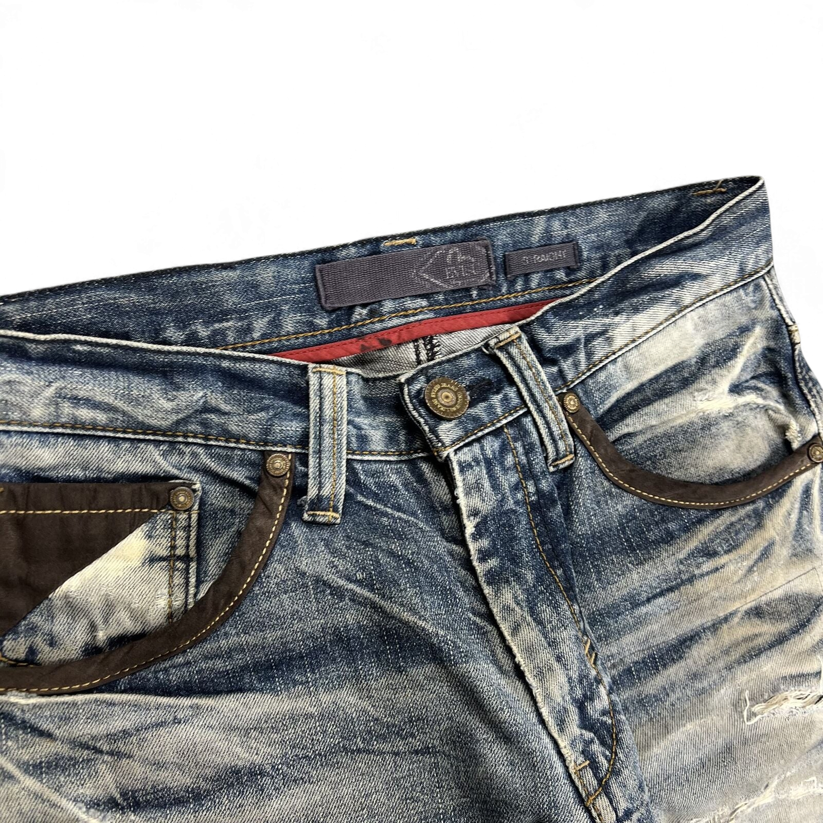 TWC Vintage Evisu Straight Jeans mit verwaschener blauer Waschung und braunen Lederdetails an den Taschen