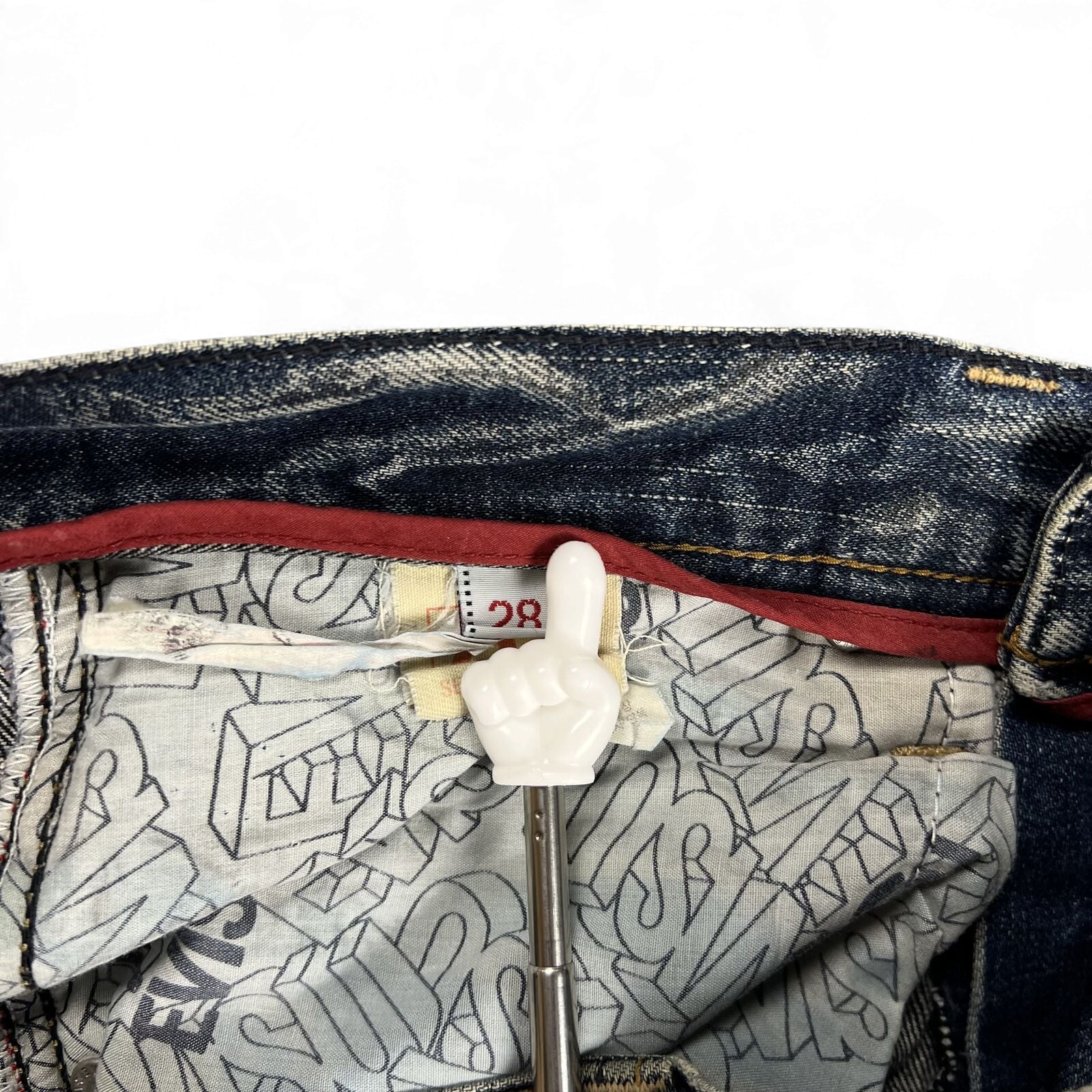 TWC Vintage Evisu Straight Jeans mit charakteristischem Innenfutter und rotem Bunddetail