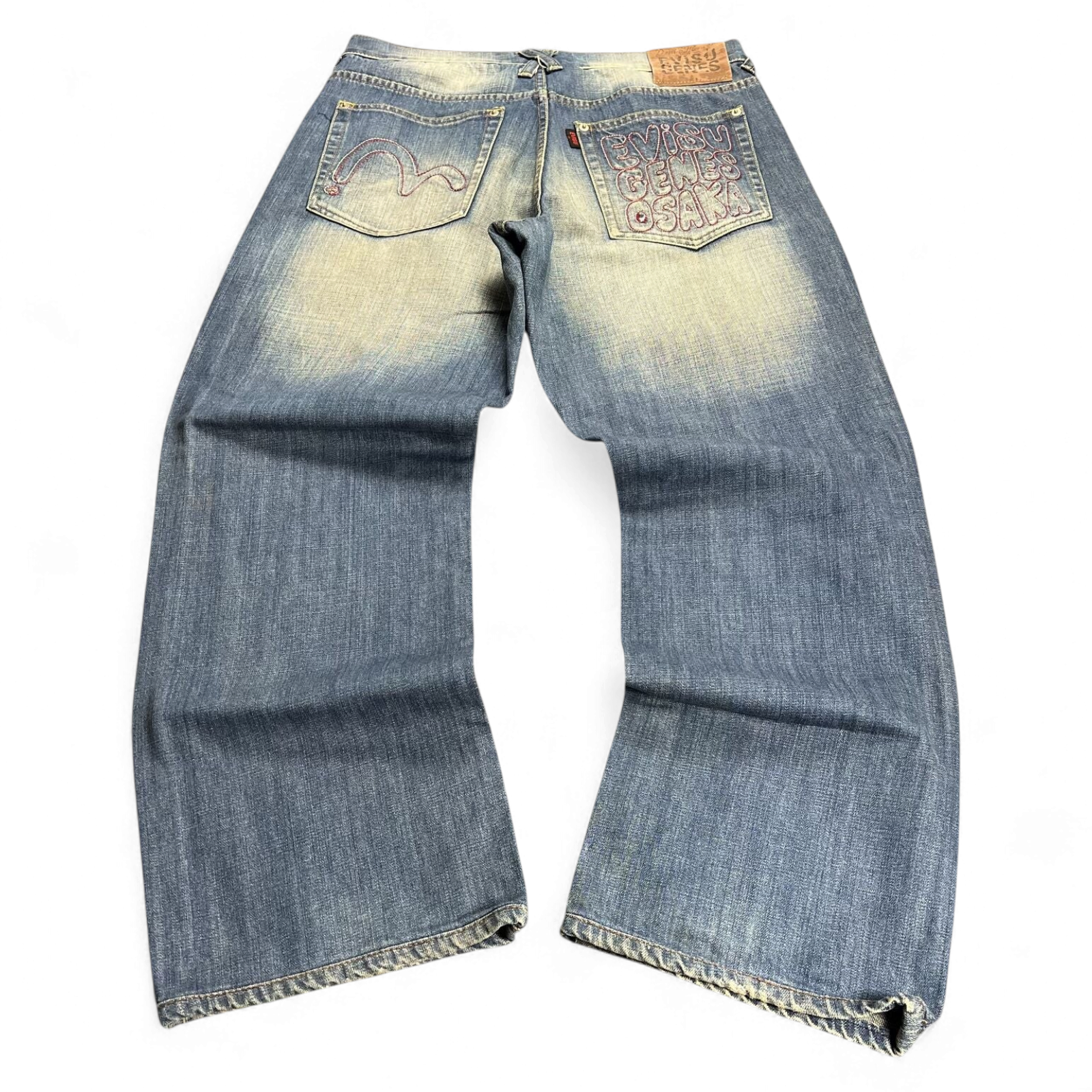 TWC Vintage Evisu Straight Jeans in verwaschenem Blau mit ikonischen Stickereien auf den Gesäßtaschen