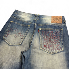 TWC Vintage Evisu Straight Jeans in blauem Denim mit markanter roter Stickerei auf den Gesäßtaschen