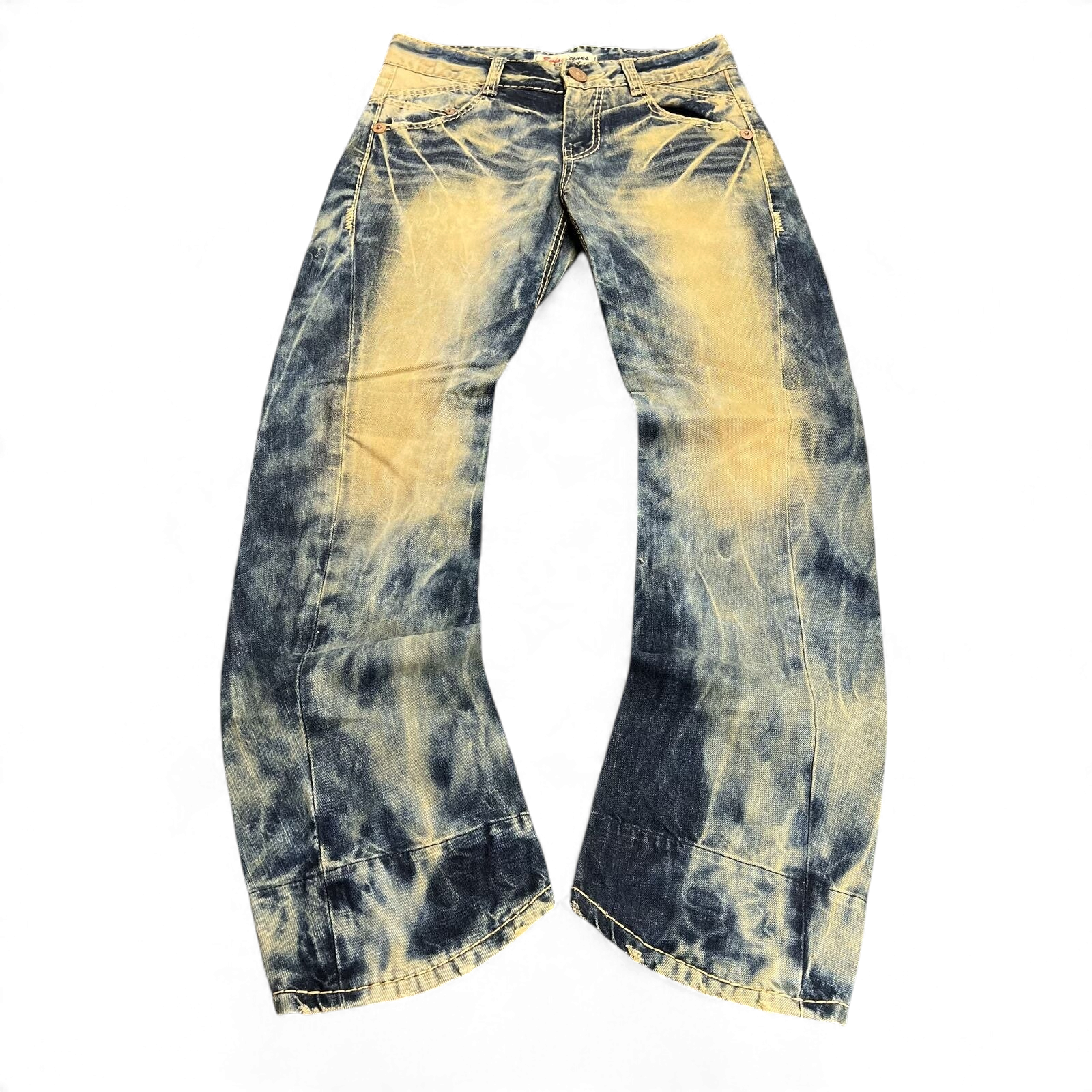 TWC Vintage Evisu Straight Jeans mit markanter Acid-Wash-Waschung in Blau und Gelb im Vintage-Stil