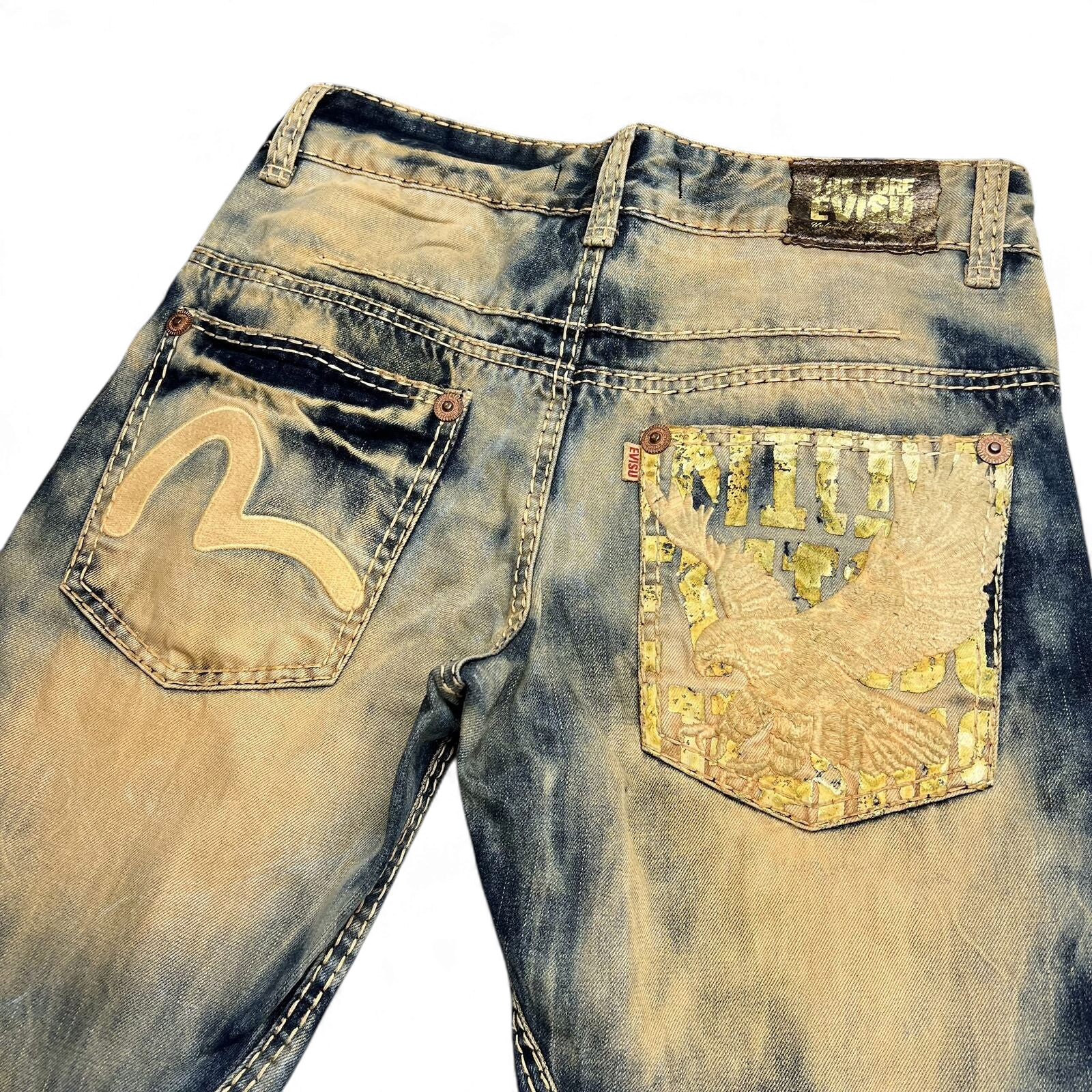 TWC Vintage Evisu Straight Jeans mit verwaschener blauer Waschung, ikonischem Seagull-Logo und Adler-Stickerei
