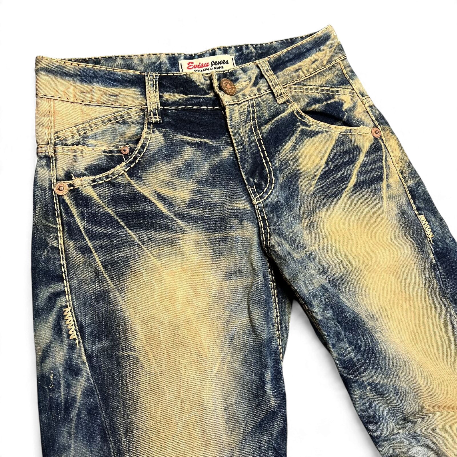 TWC Vintage Evisu Straight Jeans mit markanter Waschung in Blau und Gelb, Vintage-Design mit Kontrastnähten