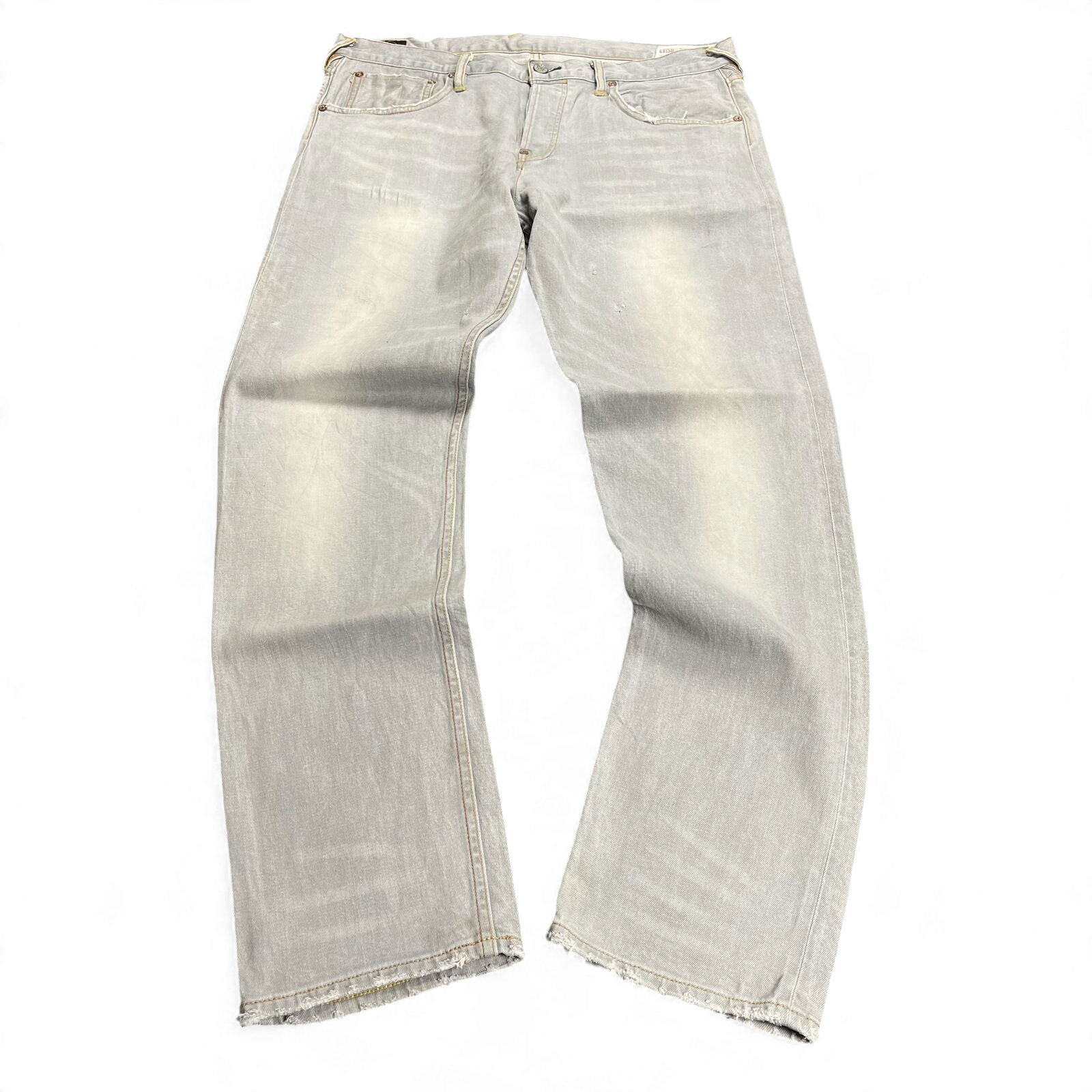 TWC Vintage Evisu Jeans in verwaschenem Hellgrau mit geradem Schnitt und ausgefransten Beinabschlüssen