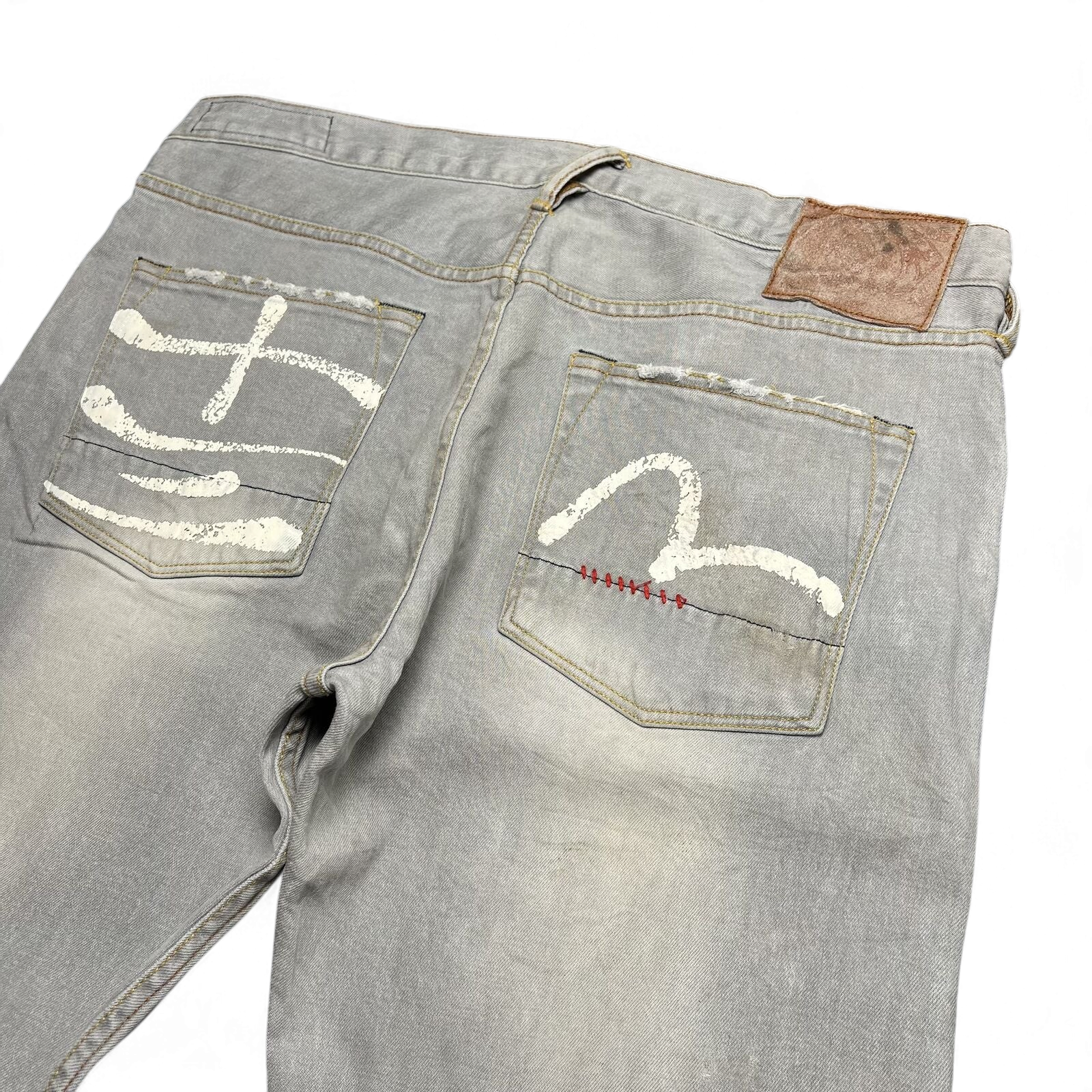TWC Vintage Evisu Straight Jeans in Grau mit ikonischem weißem Seagull-Print auf den Gesäßtaschen