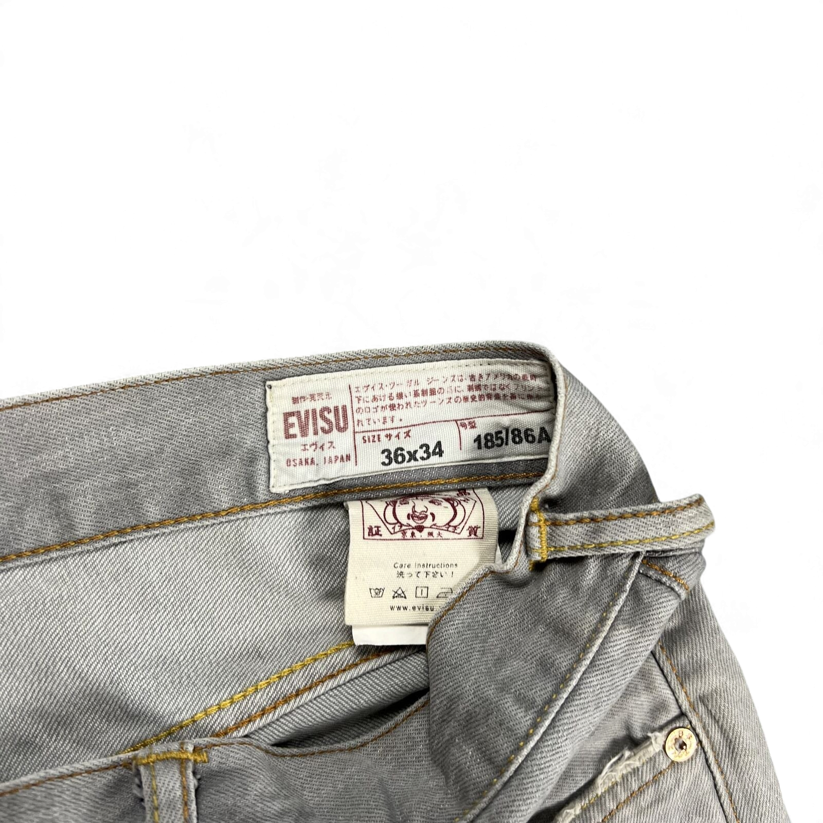 TWC Vintage Evisu Jeans mit grauem Denim und Etikett mit Größenangabe 36x34