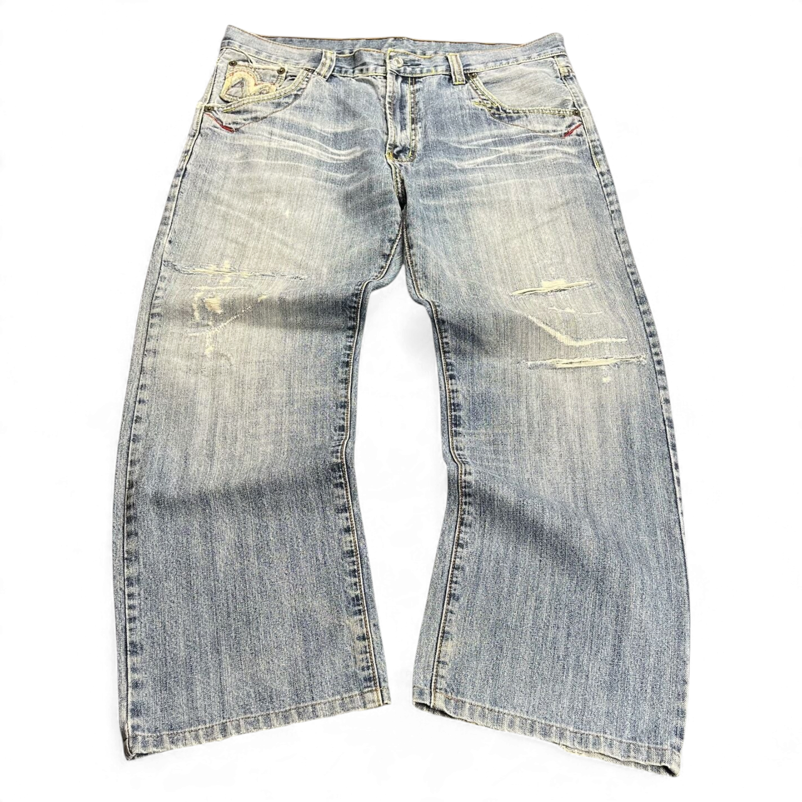 TWC Vintage Jeans aus hellblauem Denim mit japanischer Stickerei und Used-Look-Details im weiten Schnitt