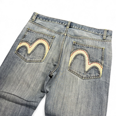 TWC Vintage Jeans aus blauem Denim mit japanischer Stickerei auf den Gesäßtaschen