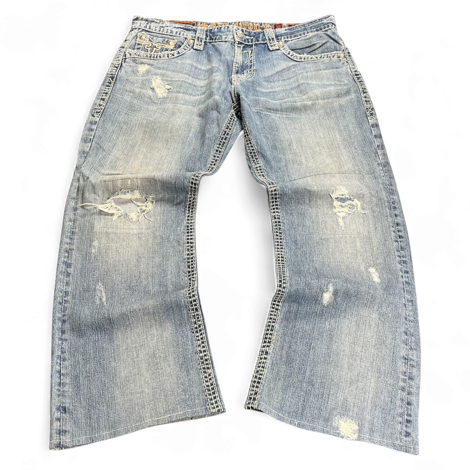 TWC Vintage Rock Revival Mitch Straight Jeans in hellblauem Denim mit Distressed-Details und weitem Bein
