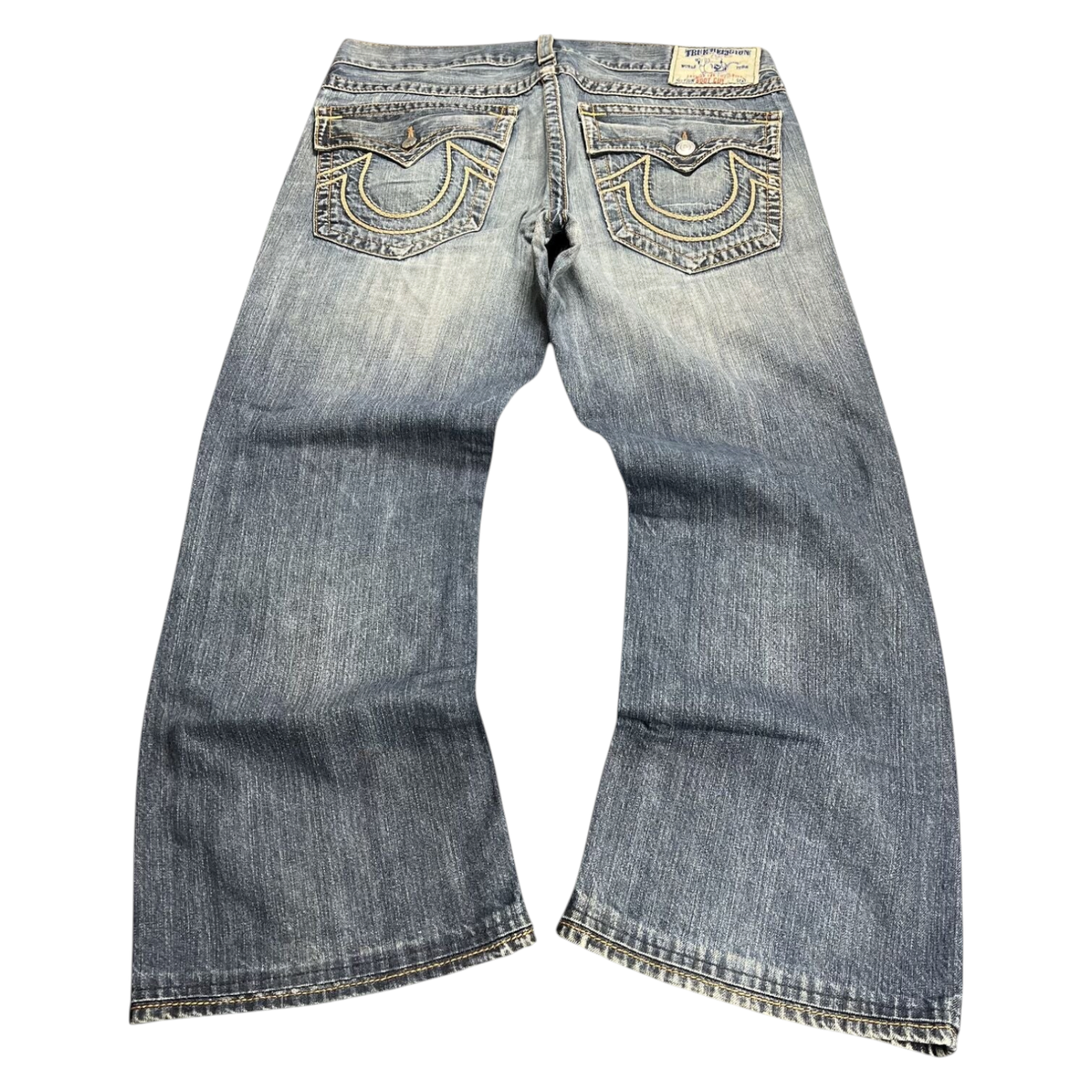 TWC Vintage True Religion Bootcut Jeans in verwaschenem Blau mit markanten Gesäßtaschen und Kontrastnähten