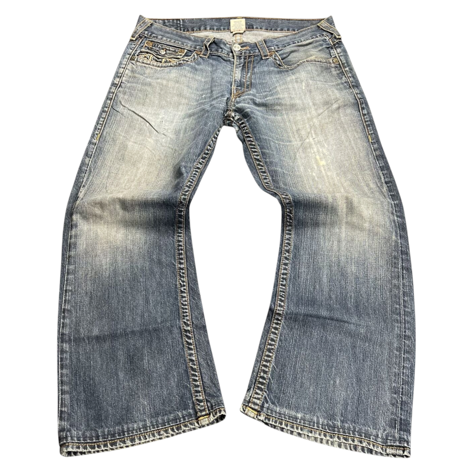 TWC Vintage True Religion Bootcut Jeans in verwaschenem Blau mit markanten Kontrastnähten und Vintage-Waschung