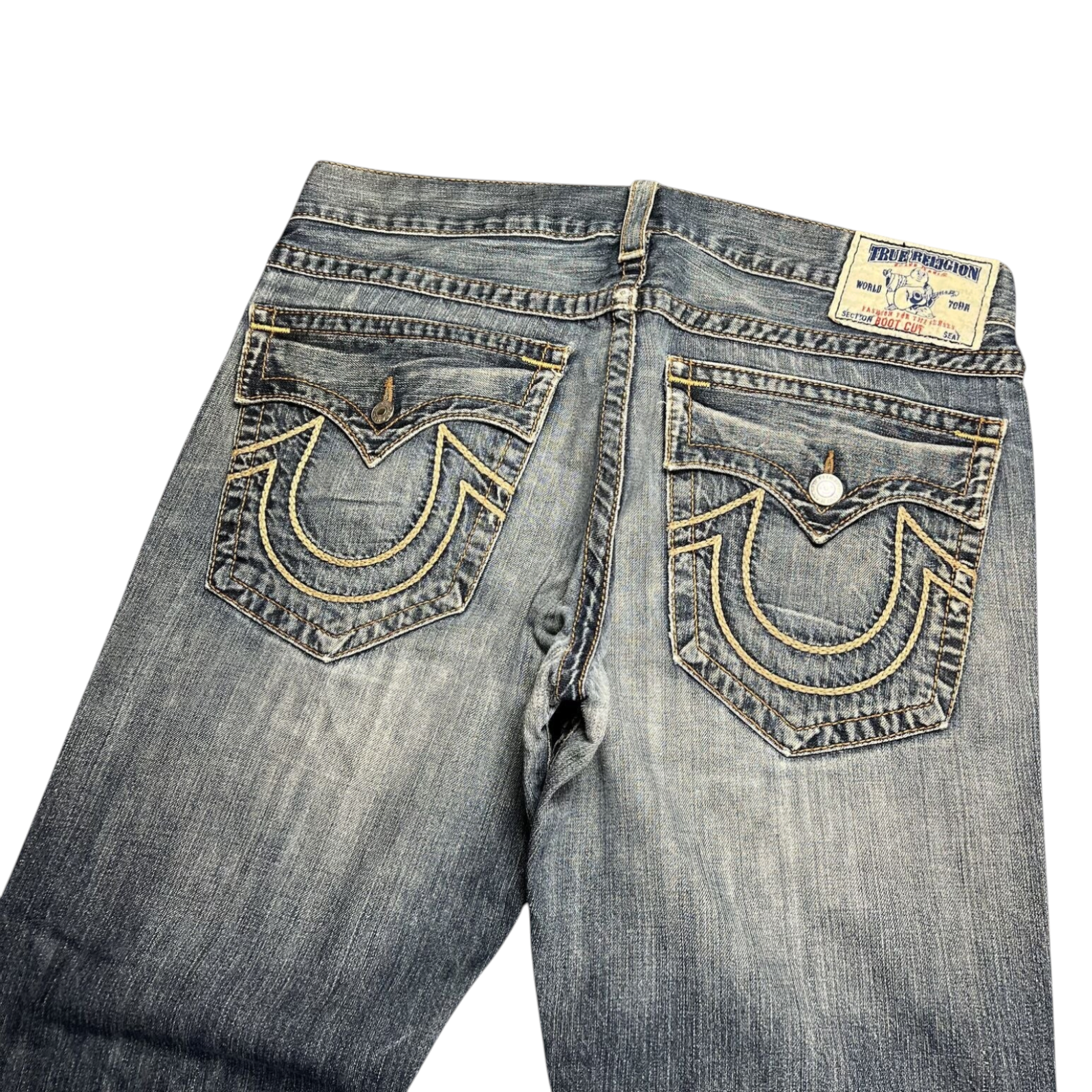 TWC Vintage True Religion Bootcut Jeans in blauem Denim mit charakteristischen hellen Kontrastnähten und Gesäßtaschen