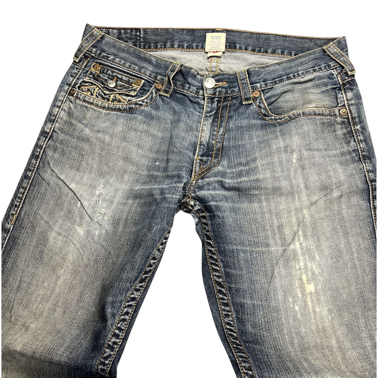 TWC Vintage True Religion Bootcut Jeans in blauem Denim mit Used-Look und markanten Kontrastnähten