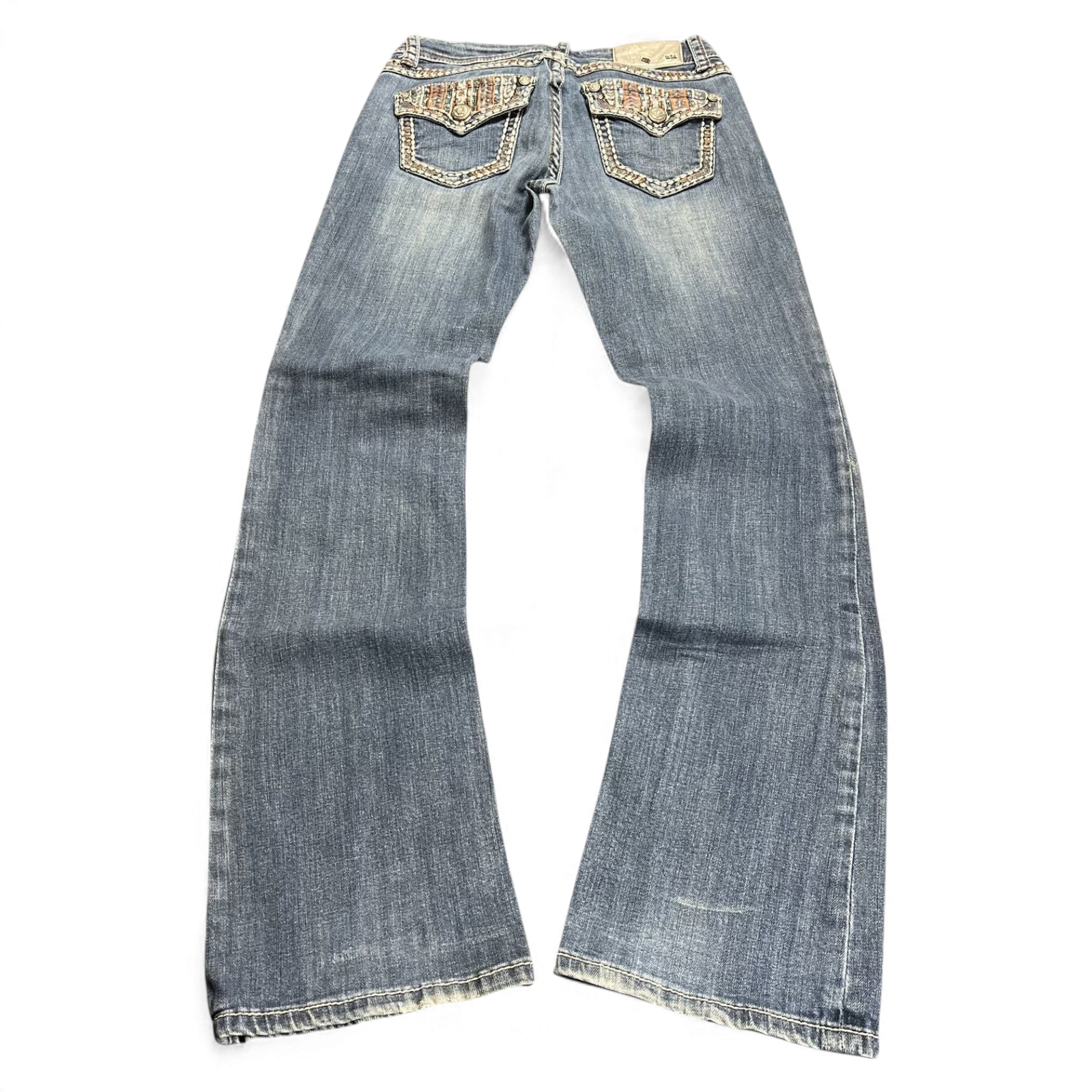TWC Vintage Damen Y2K Bootcut Jeans in Blau mit verzierten Gesäßtaschen und Strasssteinen