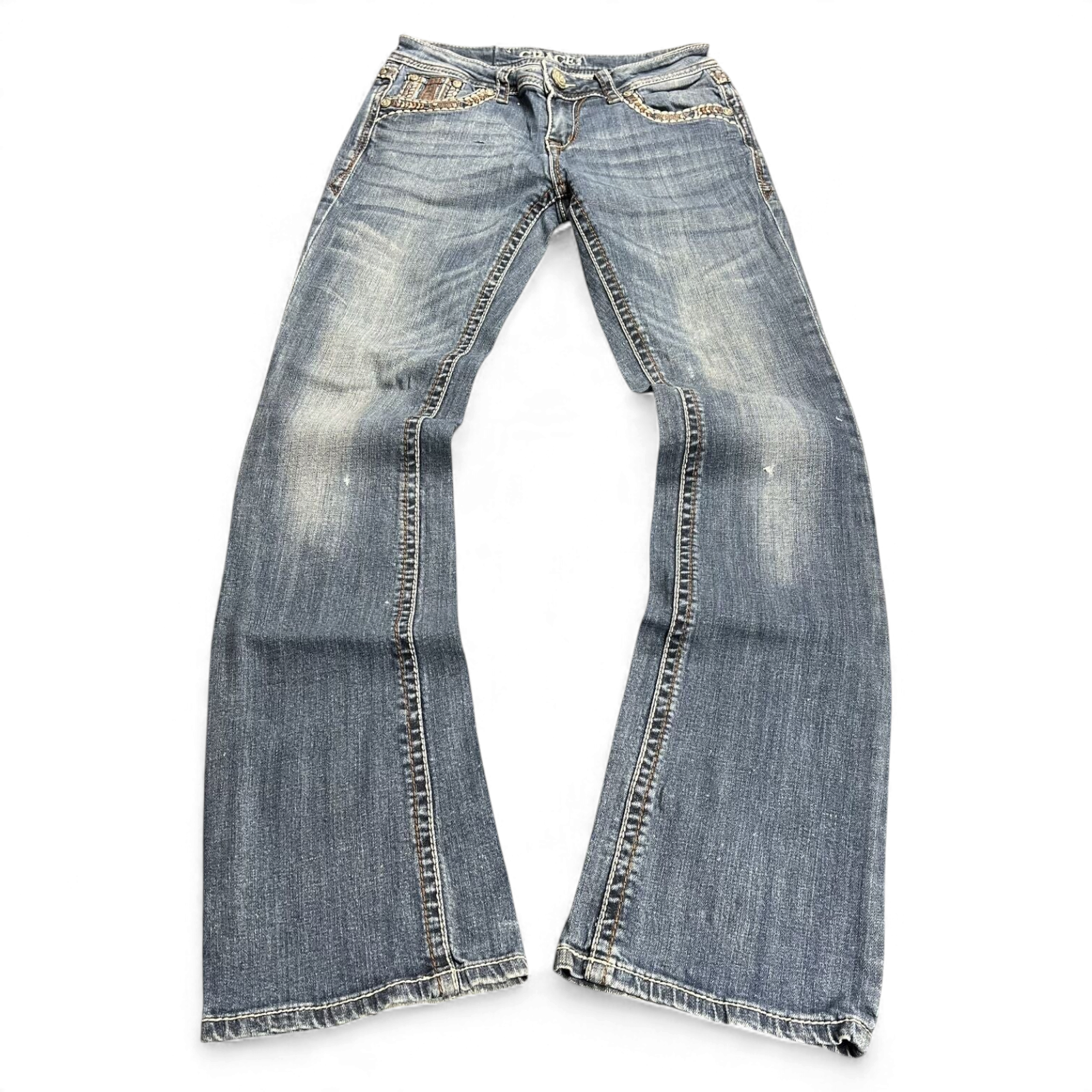 TWC Vintage Damen Y2K Bootcut Jeans in verwaschenem Blau mit Ziersteinen an den Taschen