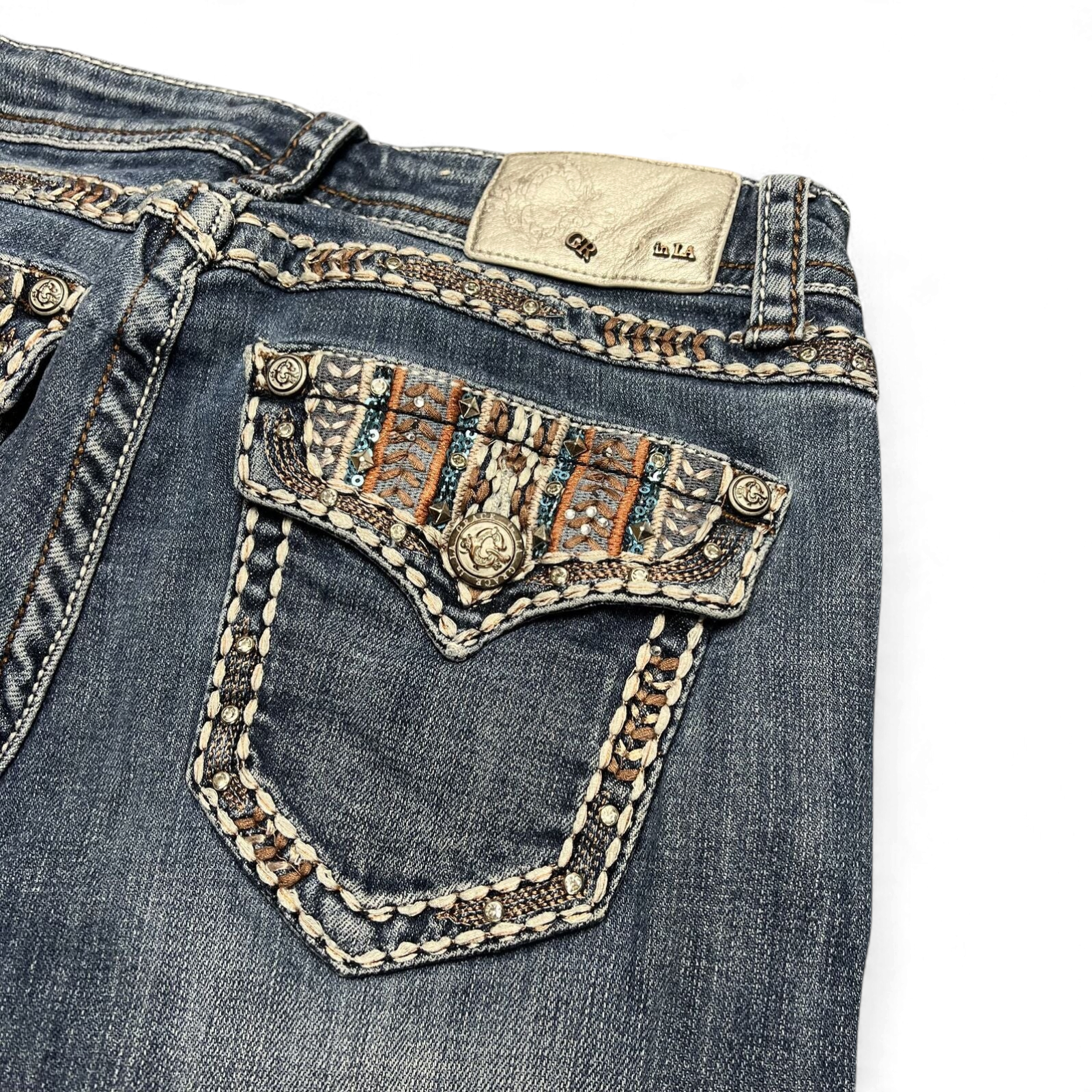 TWC Vintage Damen Y2K Bootcut Jeans in Blau mit bestickten Gesäßtaschen, Pailletten und dekorativen Ziernähten