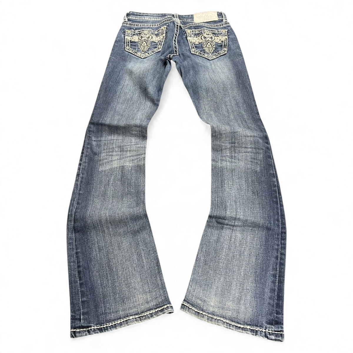 TWC Vintage Damen Y2K Bootcut Jeans in Blau mit aufwendigen Stickereien und Strasssteinen auf den Gesäßtaschen