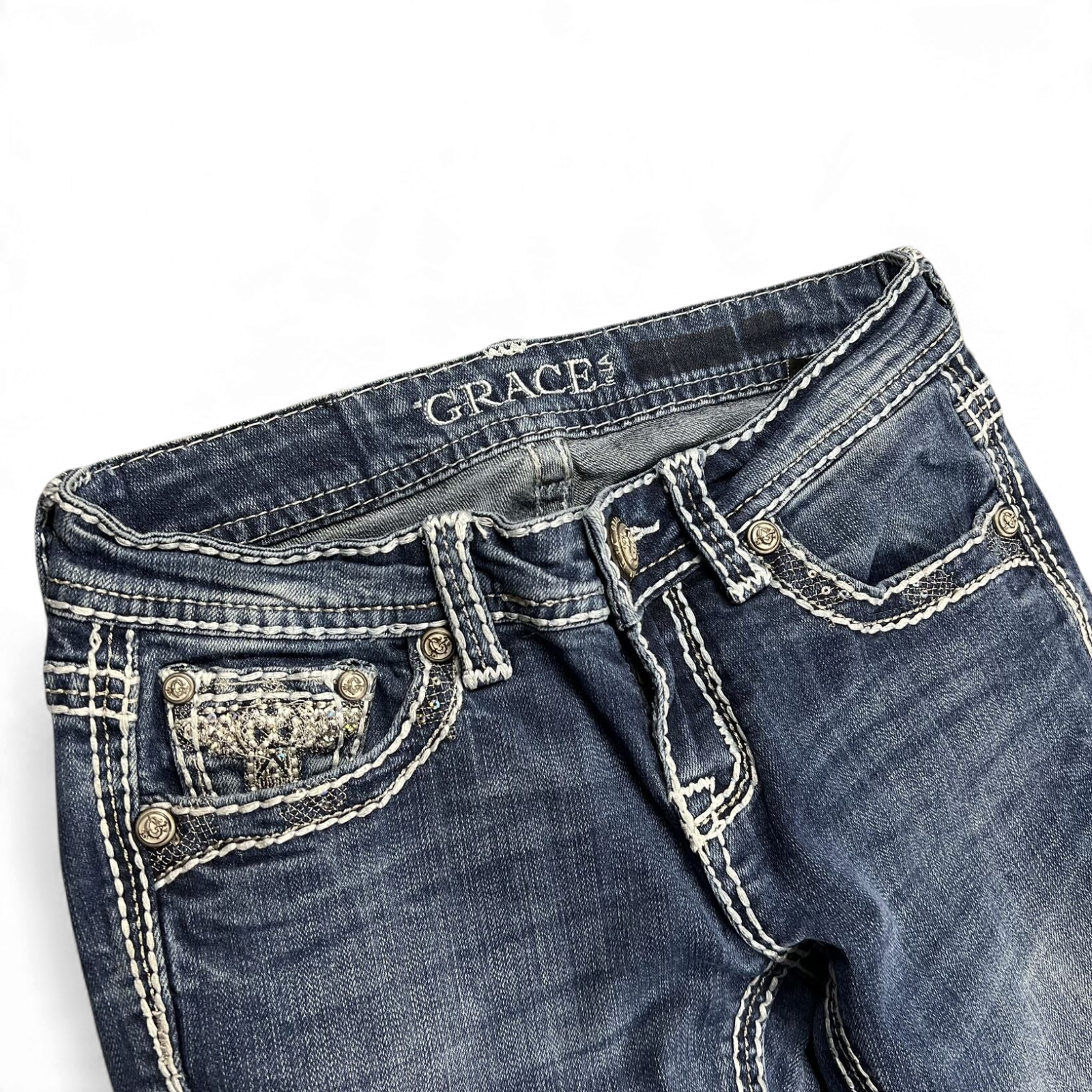 TWC Vintage Damen Y2K Bootcut Jeans in Dunkelblau mit auffälligen Ziernähten und verzierten Taschen