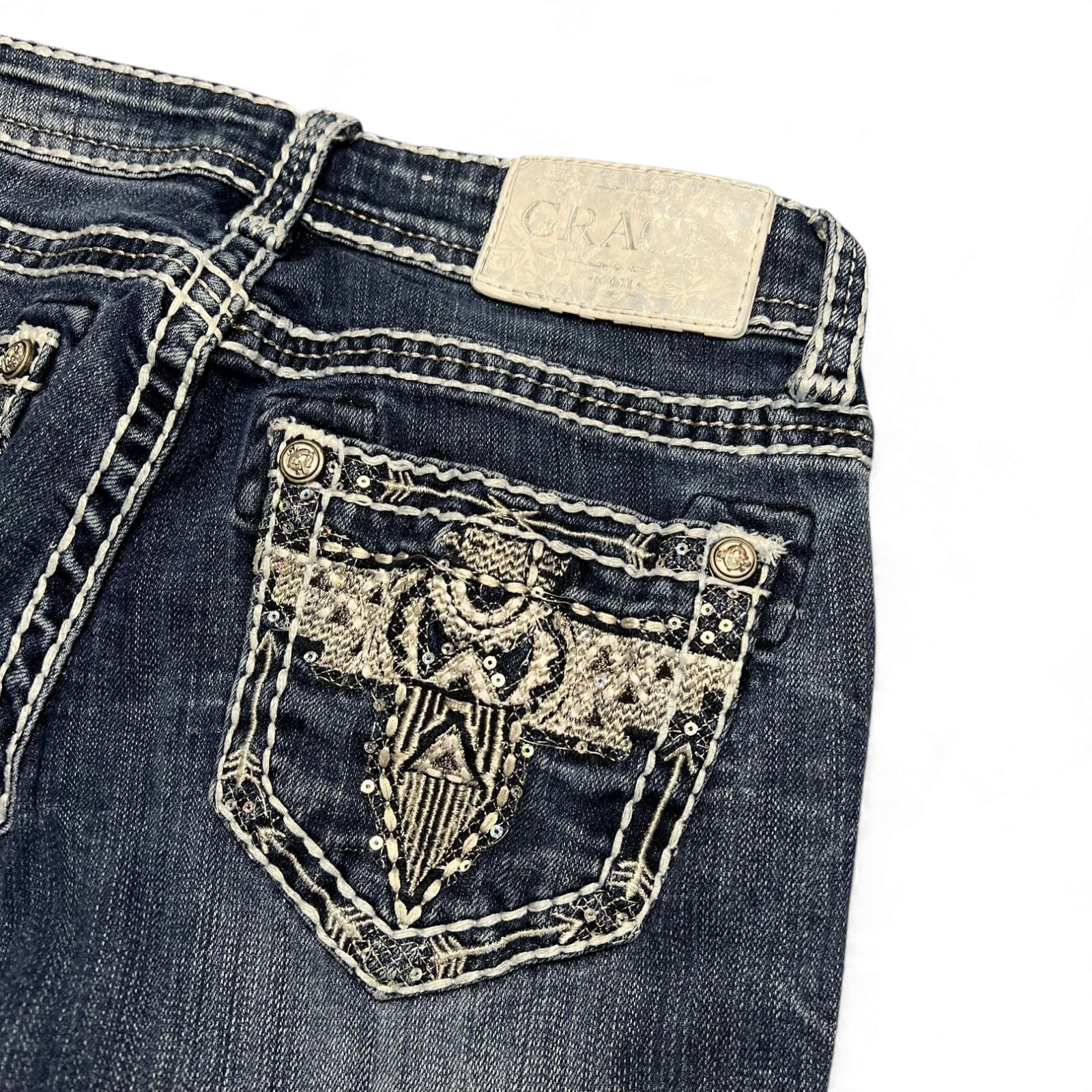 TWC Vintage Damen Y2K Bootcut Jeans in Dunkelblau mit aufwendig bestickten Gesäßtaschen und Ziernähten