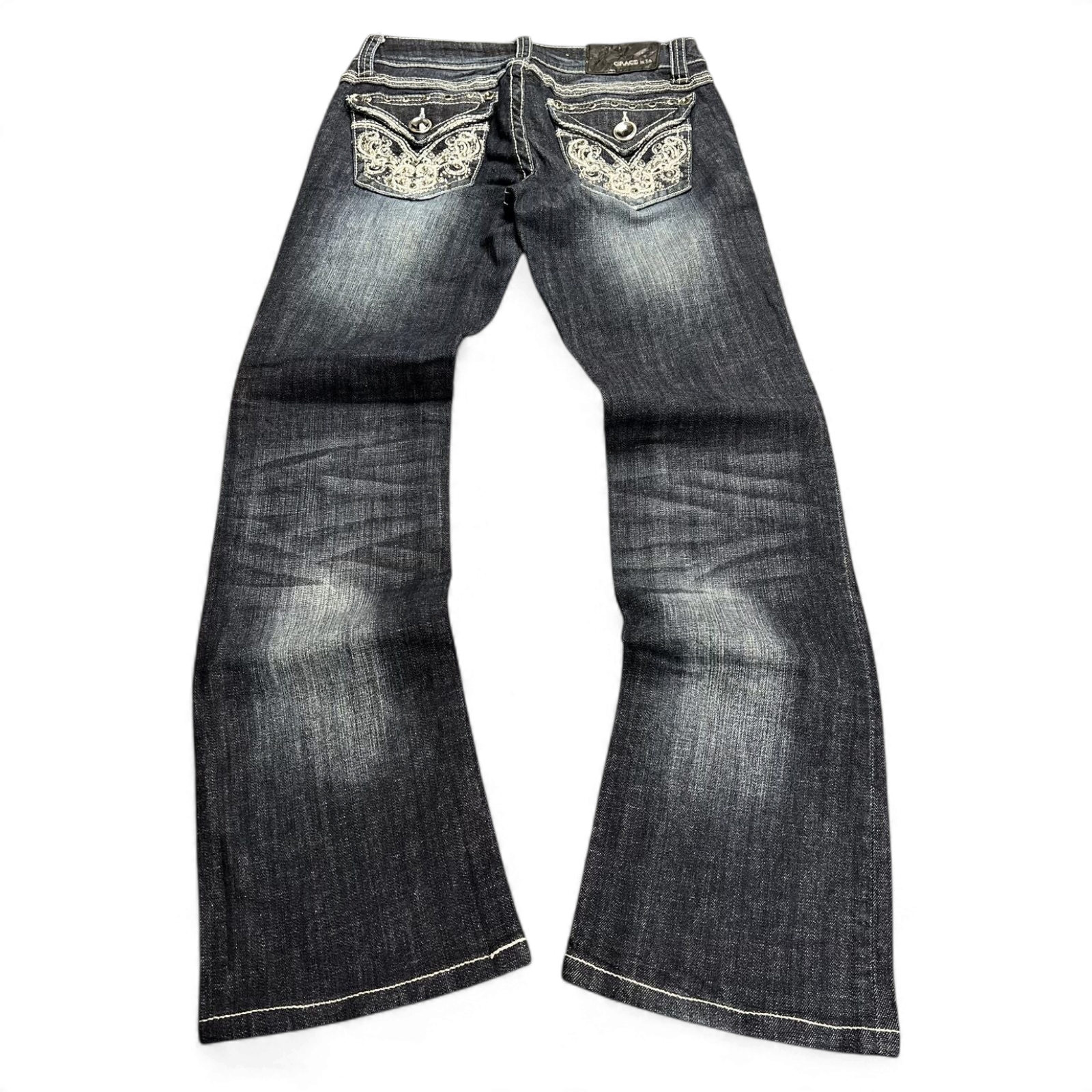 TWC Vintage Damen Y2K Bootcut Jeans in Dunkelblau mit aufwendigen Stickereien und Strasssteinen auf den Gesäßtaschen
