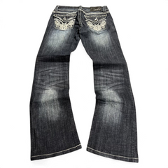 TWC Vintage Damen Y2K Bootcut Jeans in Dunkelblau mit aufwendigen Stickereien und Strasssteinen auf den Gesäßtaschen