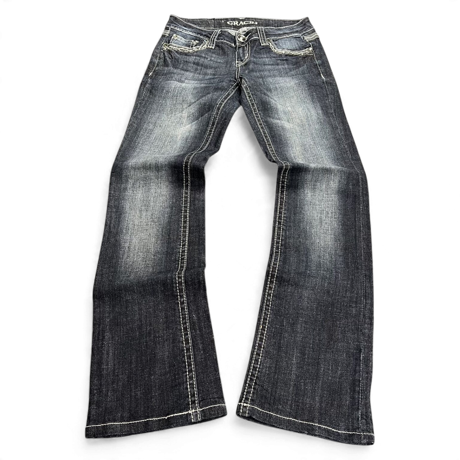 TWC Vintage Damen Y2K Bootcut Jeans in dunklem Denim mit Kontrastnähten und verwaschener Optik