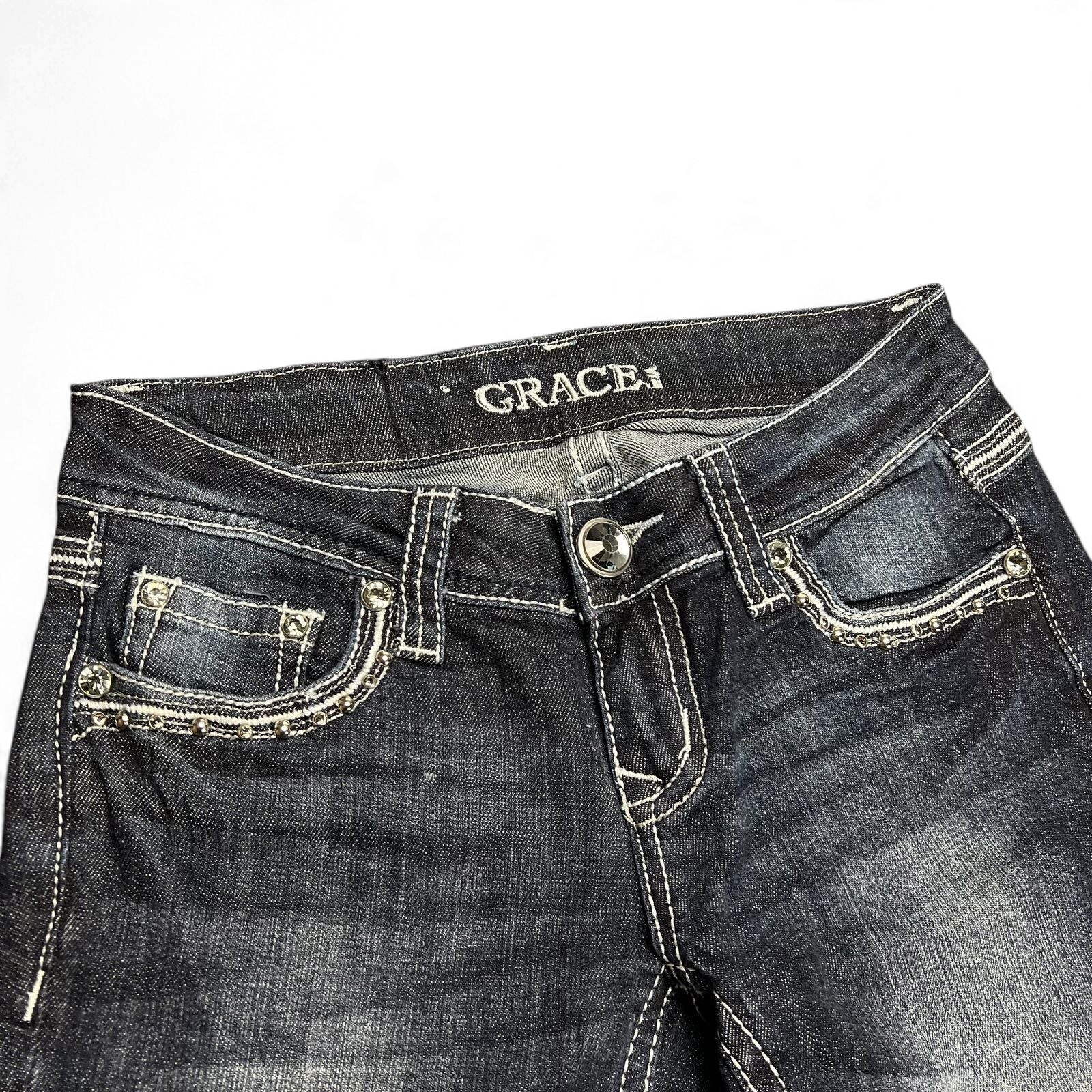TWC Vintage Damen Y2K Bootcut Jeans in Dunkelblau mit Ziernähten und Strasssteinen an den Taschen