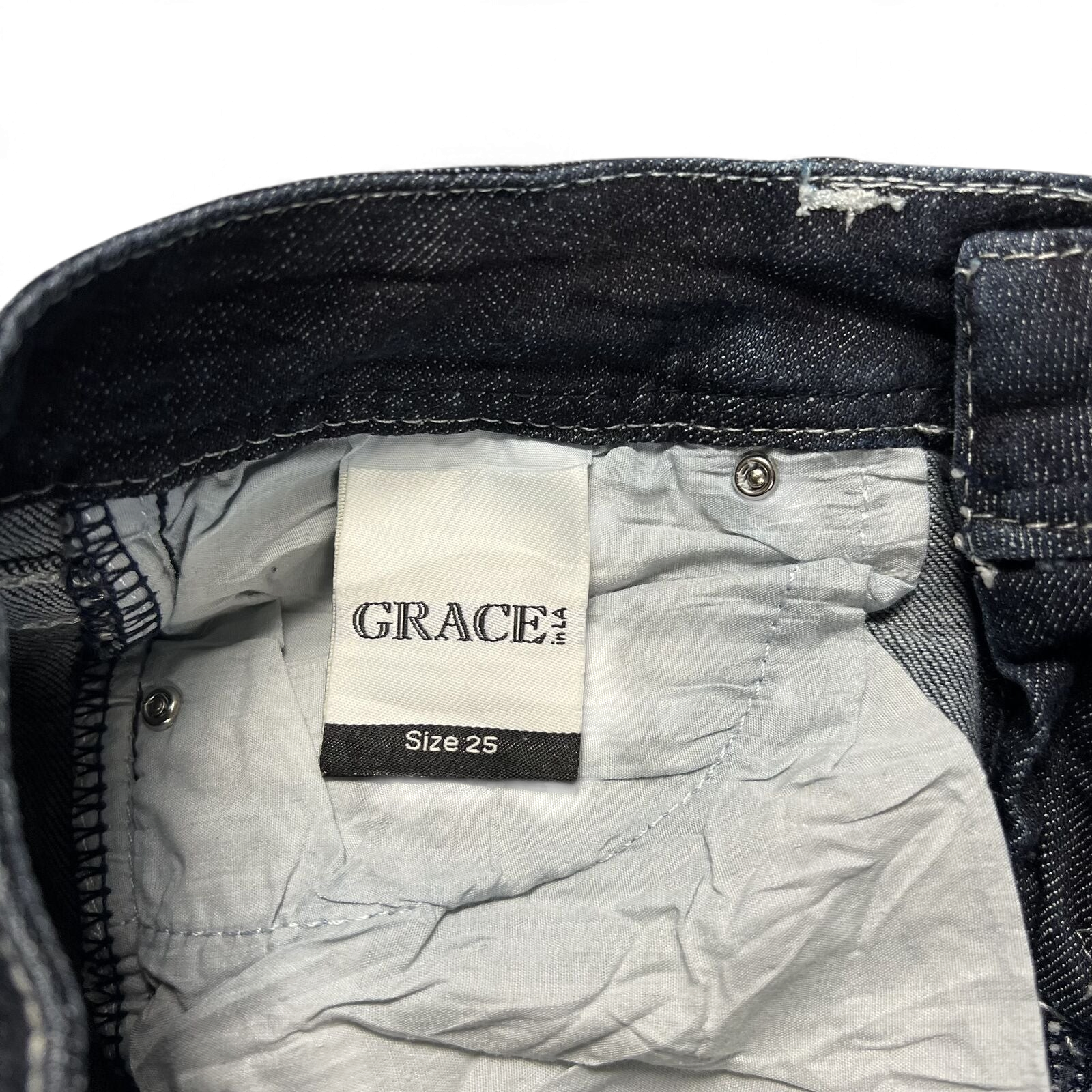 TWC Vintage Damen Y2K Bootcut Jeans mit Grace Label und Größenetikett 25 in dunkelblauem Denim