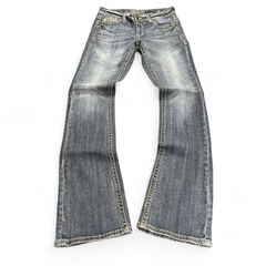 TWC Vintage Damen Y2K Bootcut Jeans in verwaschenem Blau mit Ziernähten und niedrigem Bund