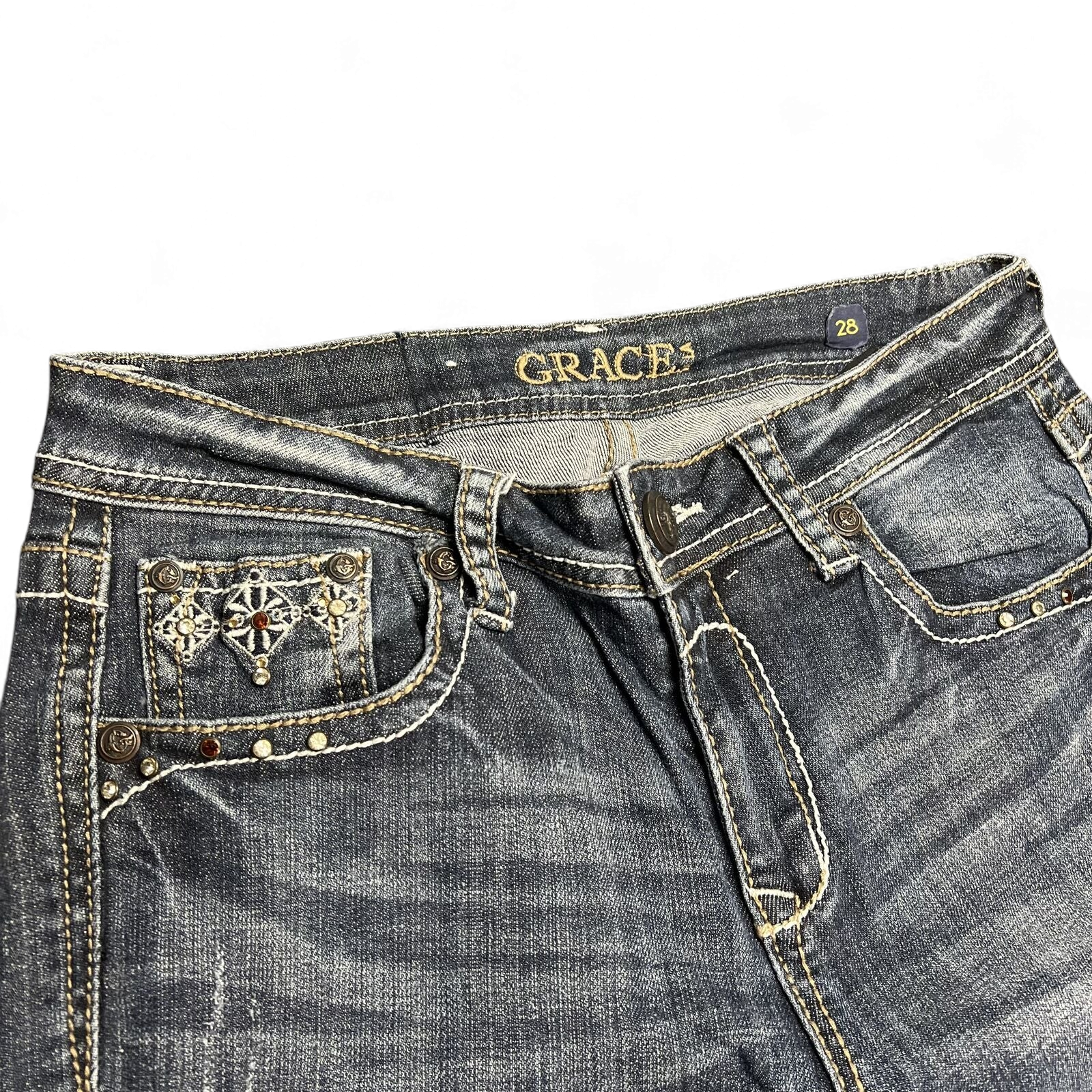 TWC Vintage Damen Y2K Bootcut Jeans in verwaschenem Dunkelblau mit verzierten Taschen und Strassdetails