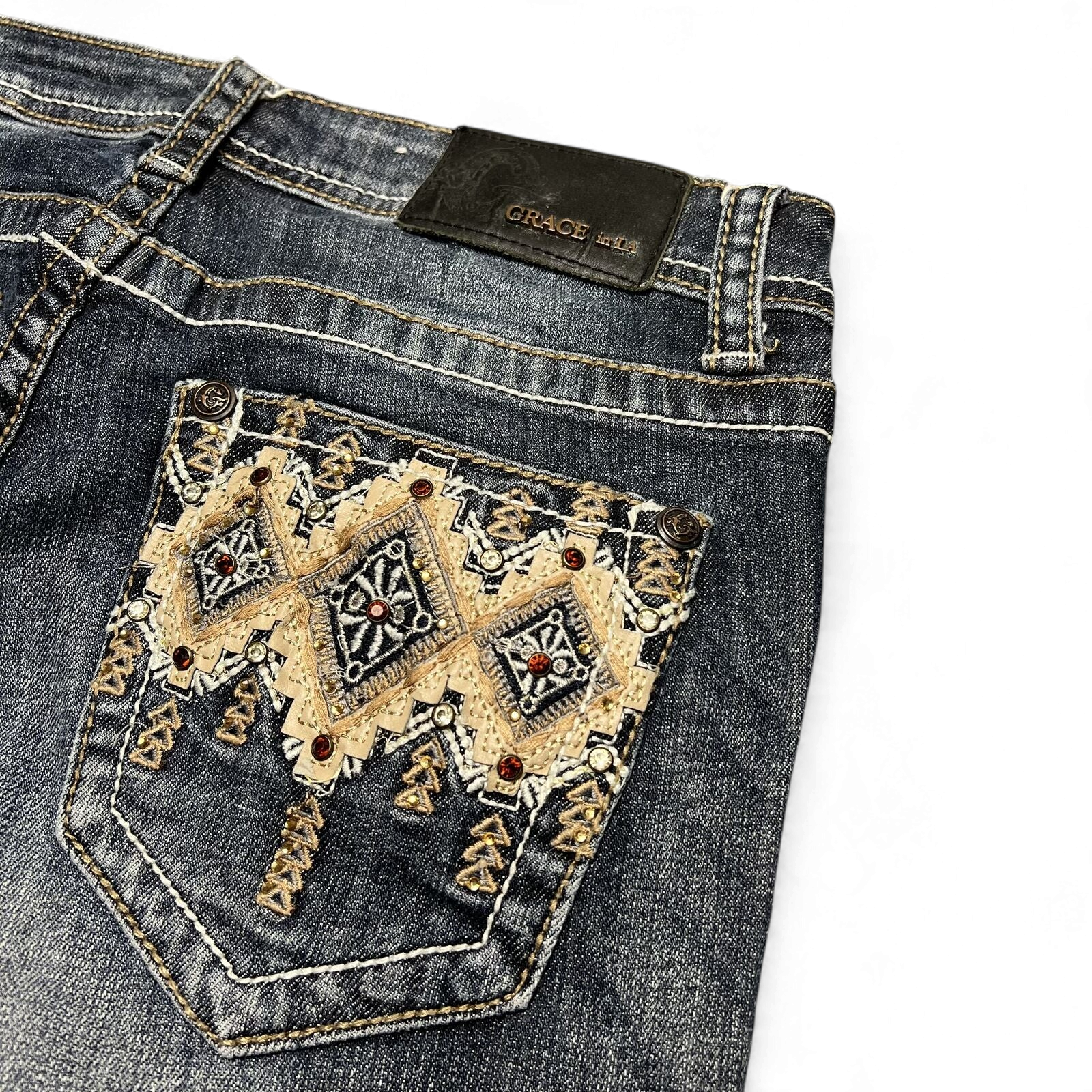 TWC Vintage Damen Y2K Bootcut Jeans in Dunkelblau mit aufwendig bestickter Gesäßtasche und Strasssteinen