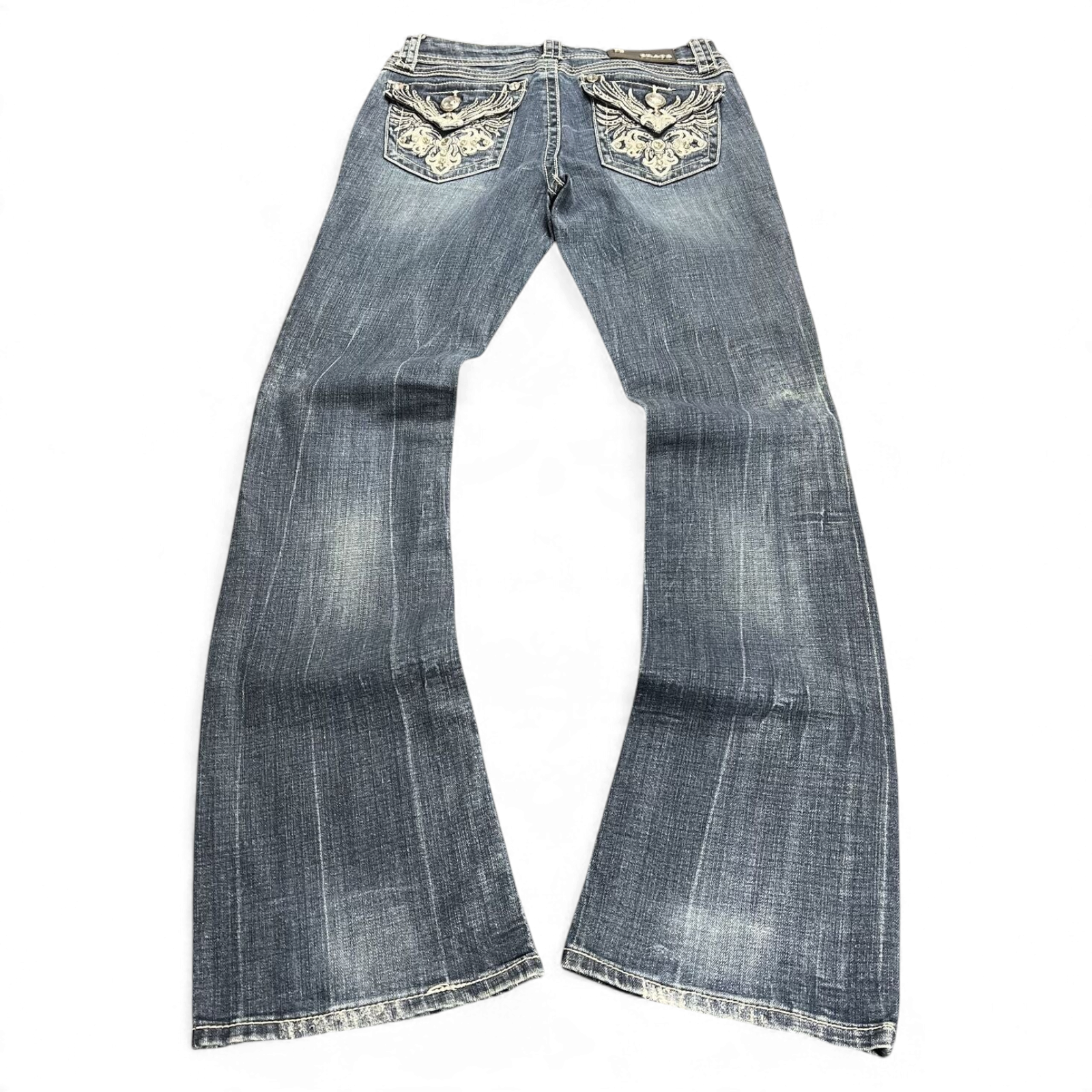 TWC Vintage Damen Y2K Bootcut Jeans in Blau mit aufwendigen Stickereien und Strasssteinen auf den Gesäßtaschen
