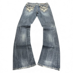 TWC Vintage Damen Y2K Bootcut Jeans in Blau mit aufwendigen Stickereien und Strasssteinen auf den Gesäßtaschen