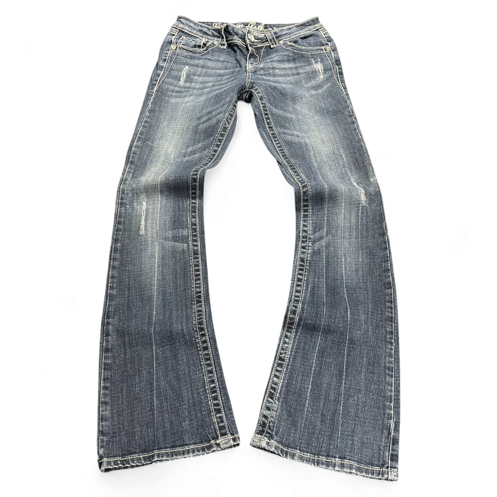 TWC Vintage Damen Y2K Bootcut Jeans in verwaschenem Blau mit Distressed-Details und Kontrastnähten