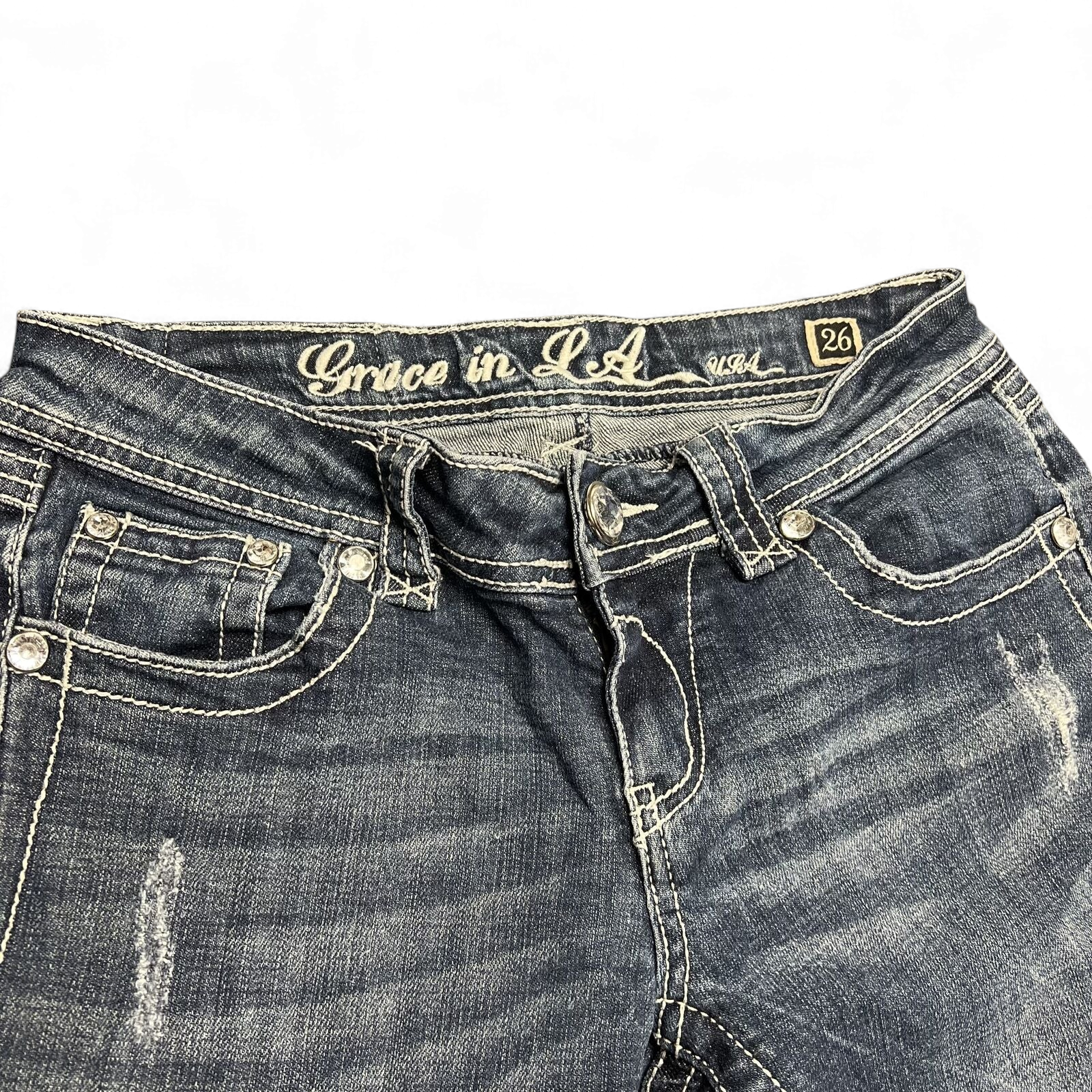 TWC Vintage Damen Y2K Bootcut Jeans in Dunkelblau mit Ziernähten und Strasssteinen an den Taschen