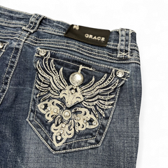 TWC Vintage Damen Y2K Bootcut Jeans in Dunkelblau mit aufwendiger Stickerei, Strasssteinen und Leder-Label am Bund