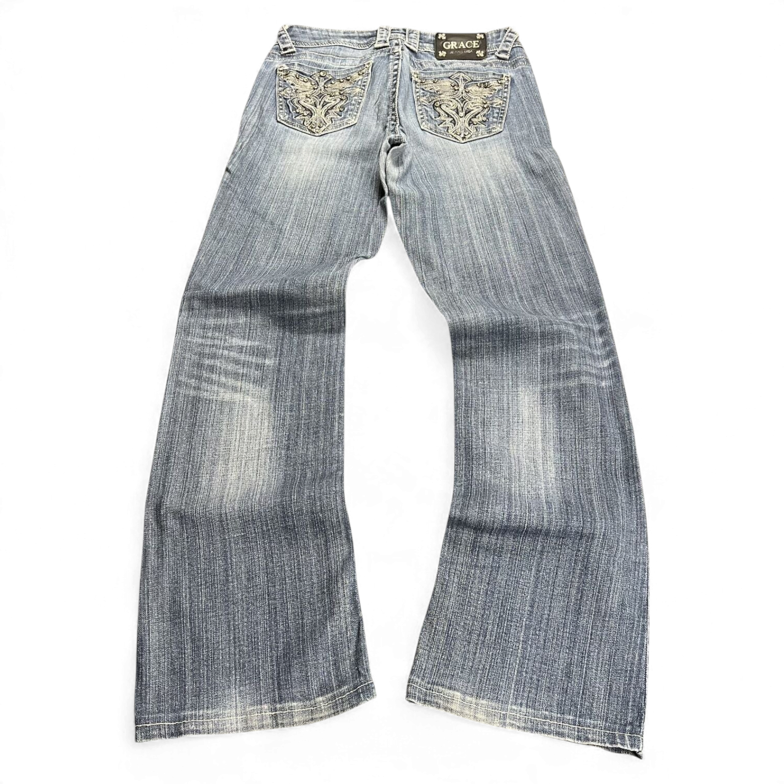 TWC Vintage Damen Y2K Bootcut Jeans in Blau mit verzierten Gesäßtaschen und Used-Waschung