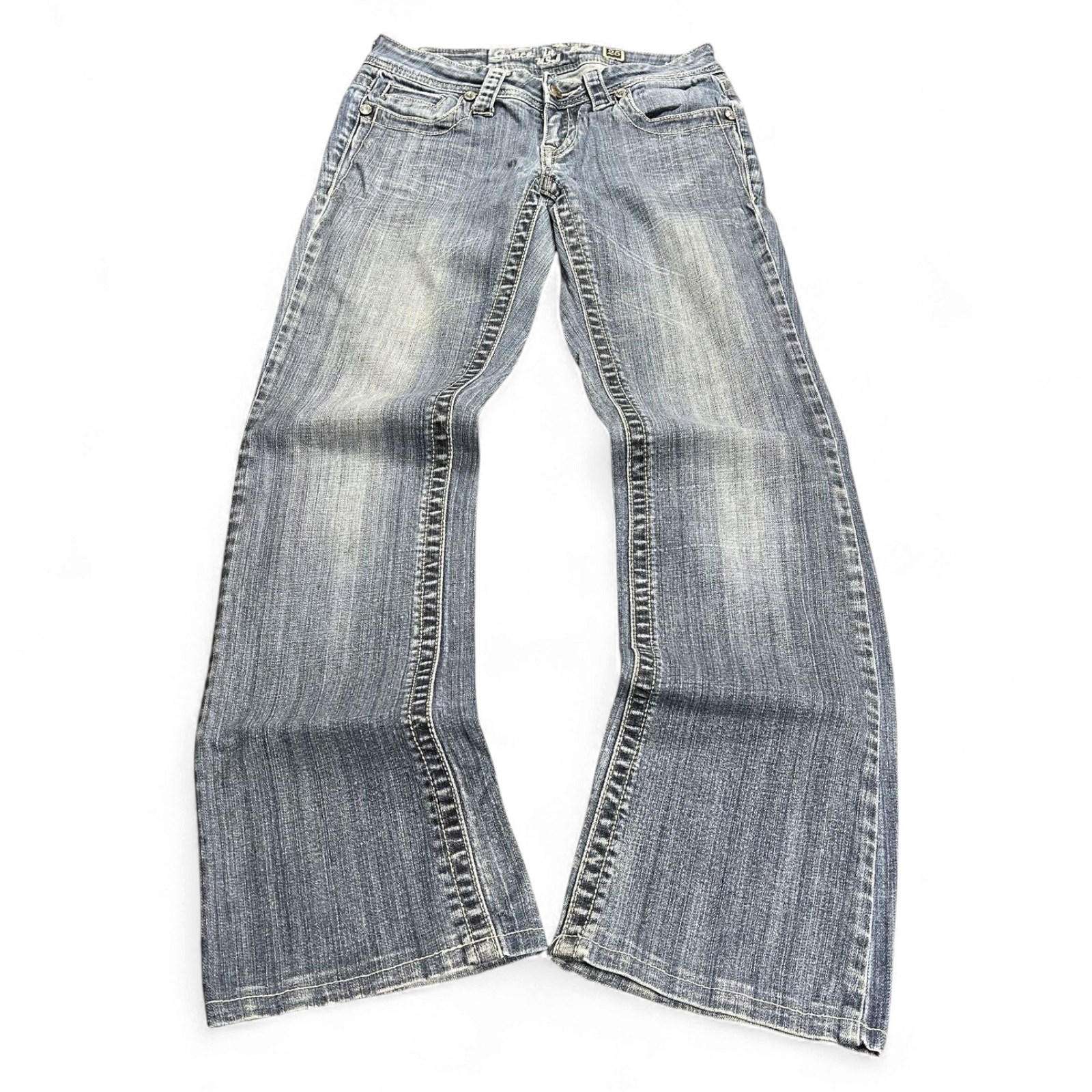 TWC Vintage Damen Y2K Bootcut Jeans in verwaschenem Blau mit markanten Kontrastnähten und Vintage-Waschung