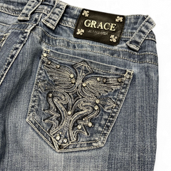TWC Vintage Y2K Bootcut Jeans in blau mit aufwendig bestickter Gesäßtasche und Strasssteinen