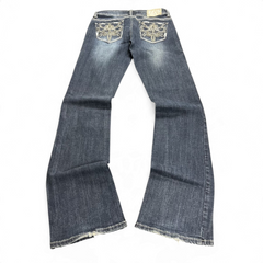 TWC Vintage Damen Y2K Bootcut Jeans in Dunkelblau mit aufwendigen Stickereien auf den Gesäßtaschen