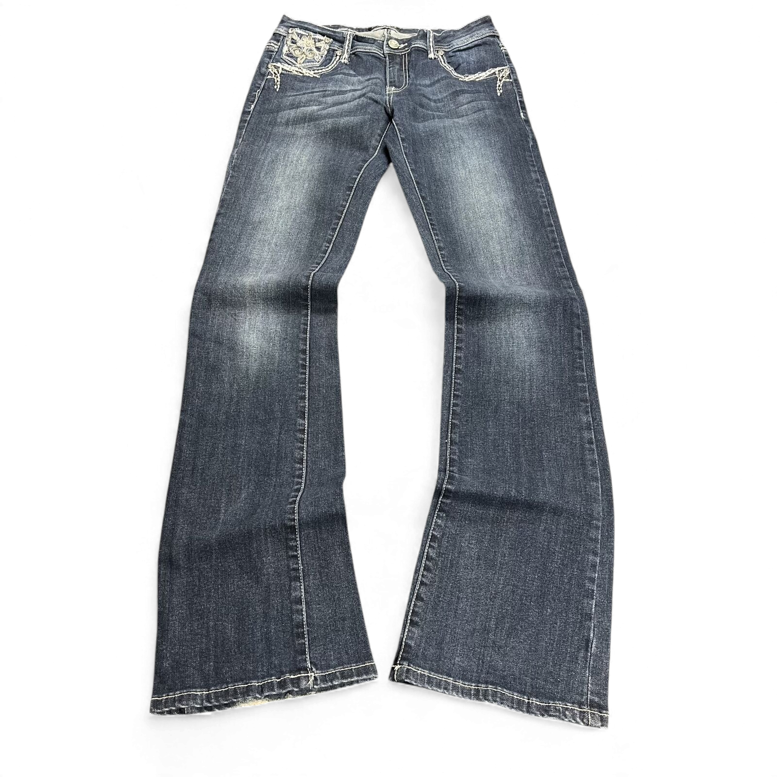 TWC Vintage Damen Y2K Bootcut Jeans in Dunkelblau mit aufwendigen Stickereien an den Vordertaschen