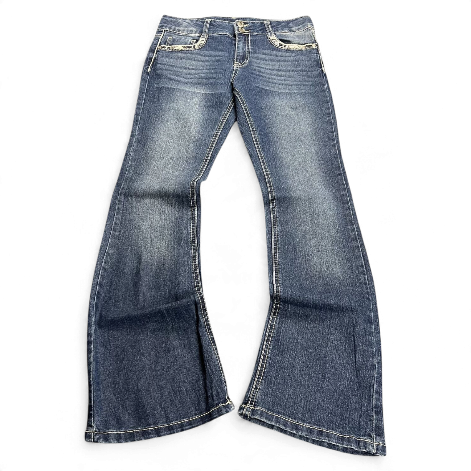 TWC Vintage Damen Y2K Bootcut Jeans in Blau mit verwaschener Optik und Zierdetails an den Taschen