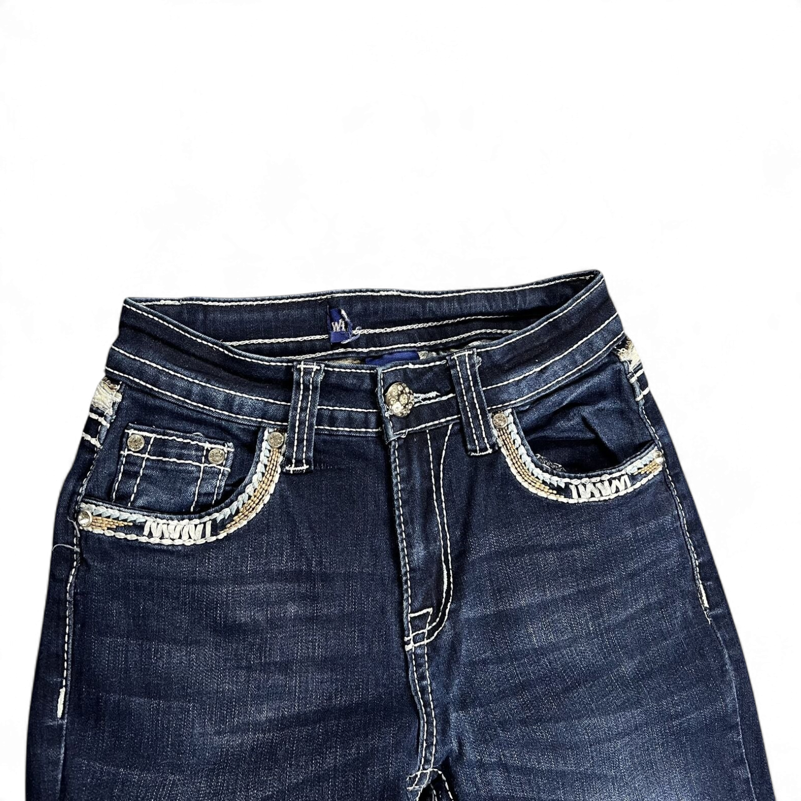 TWC Vintage Damen Y2K Bootcut Jeans in Dunkelblau mit auffälligen Ziernähten und verzierten Taschen
