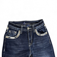 TWC Vintage Damen Y2K Bootcut Jeans in Dunkelblau mit auffälligen Ziernähten und verzierten Taschen
