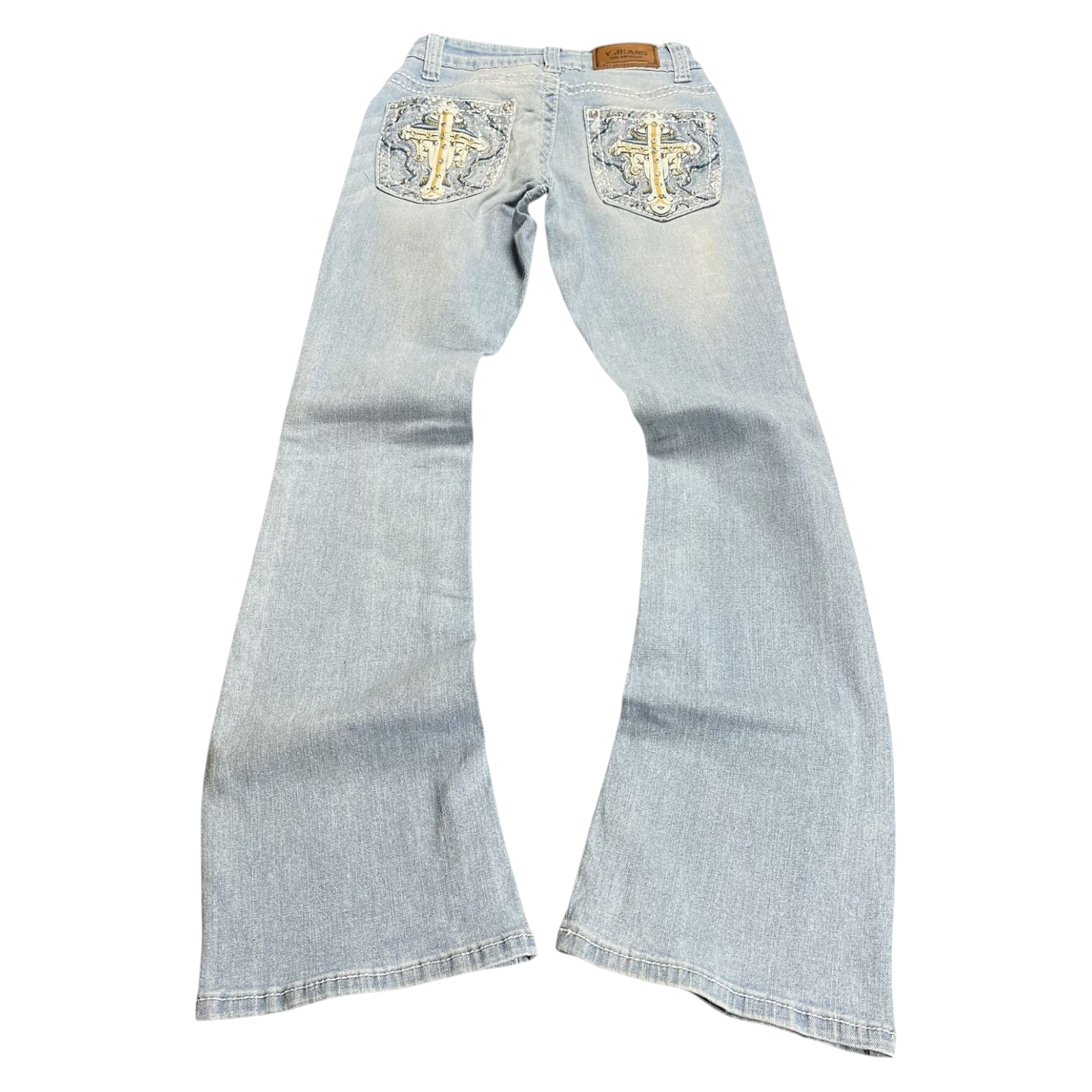 TWC Vintage Damen Y2K Bootcut Jeans in Hellblau mit Kreuz-Stickerei auf den Gesäßtaschen