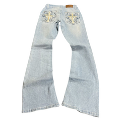 TWC Vintage Damen Y2K Bootcut Jeans in Hellblau mit Kreuz-Stickerei auf den Gesäßtaschen