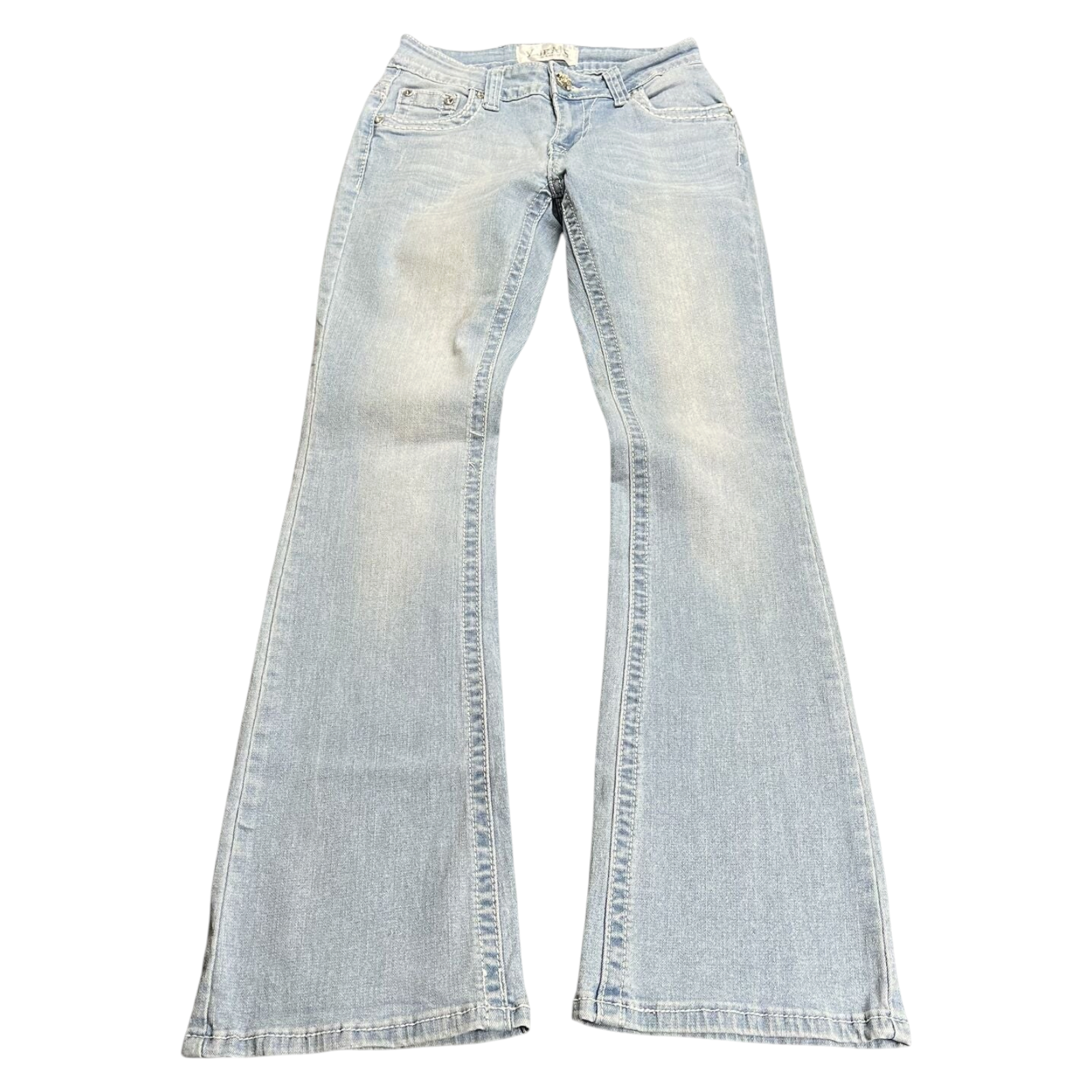 TWC Vintage Damen Y2K Bootcut Jeans in hellblauer Waschung mit Ziernähten und ausgestelltem Bein