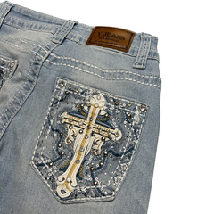 TWC Vintage Damen Y2K Bootcut Jeans in Hellblau mit aufwendig bestickter Kreuz-Applikation und Strasssteinen